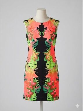 ILE New York Tropical Floral Shift Dress Size 12 Neon Pink Green Black Leaf